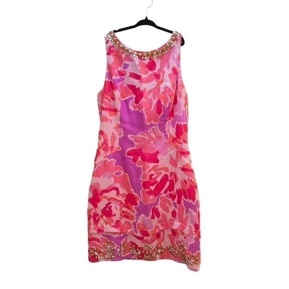🥒 Lilly Pulitzer Silk Pulaski Embellished Beaded Mini Dress Soiree Purple Pink 0 - Picture 3 of 11
